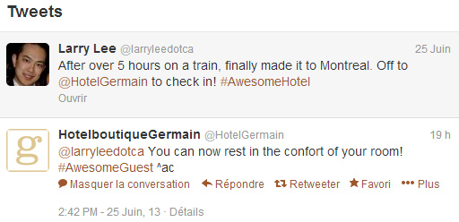 Twitter conversation between customer and Hotel Germain in Montreal