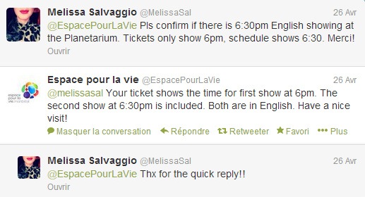 Exchange on Twitter between customer and Montreal Planetarium