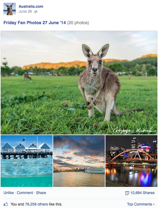 Les vendredis "photos de fans" sur la page Facebook de Tourism Australia