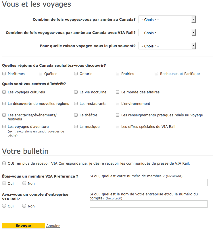 Questions posées lors de l'inscription aux infolettres de VIA Rail Canada