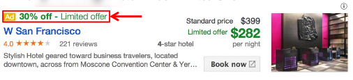 Exemple d'offres spéciales sur Google Hotel Finder
