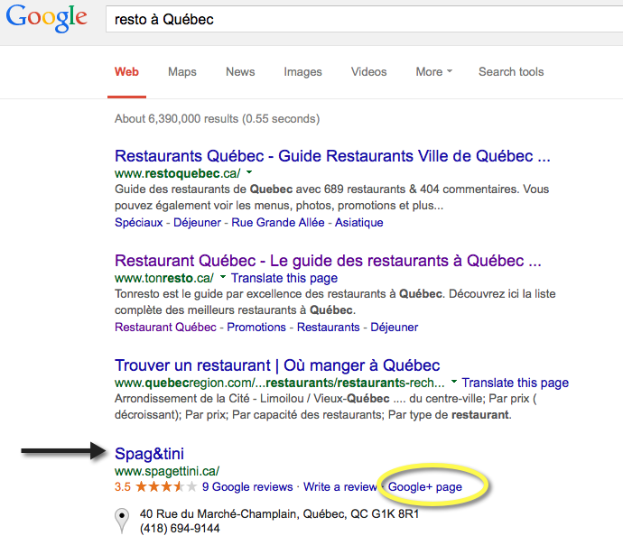 Recherche typique de restaurant dans Google