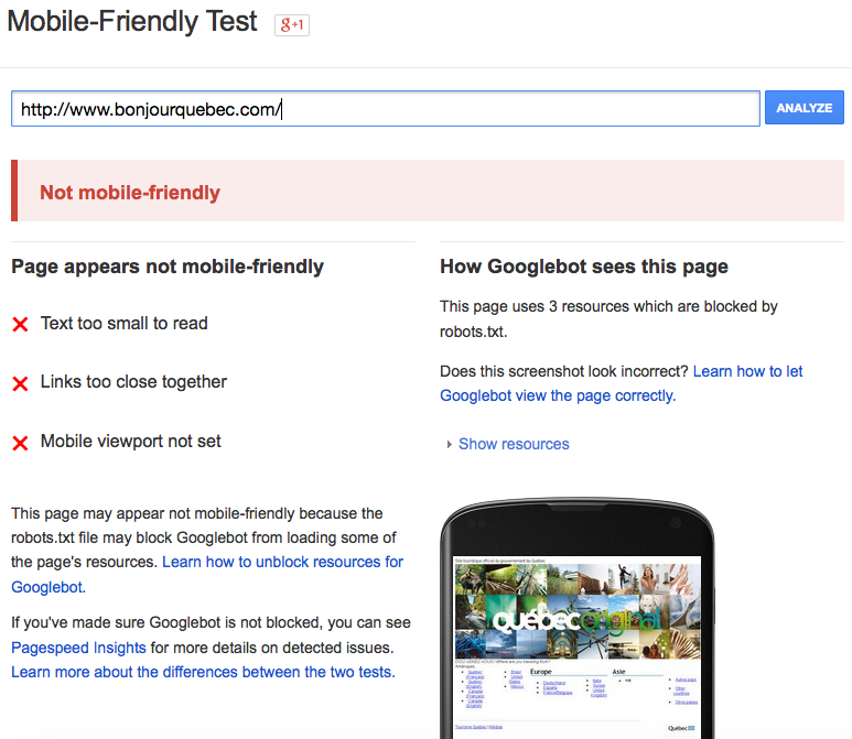 BonjourQuebec.com not yet mobile-friendly