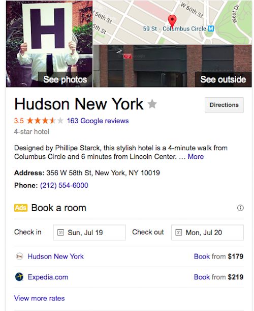 Hudson Hotel New York in Google Search