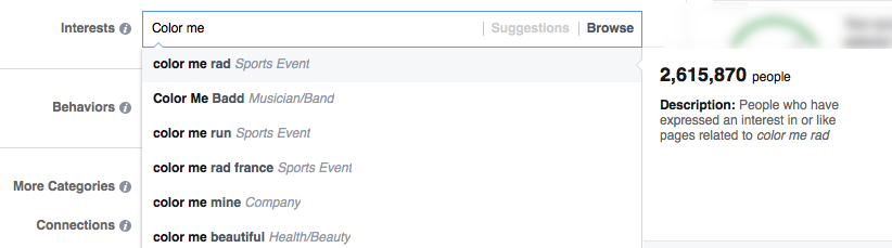 Searching for interests in Facebook Ads