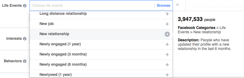 Facebook targeting per life events