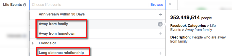 Facebook targeting by ex-pats and living away