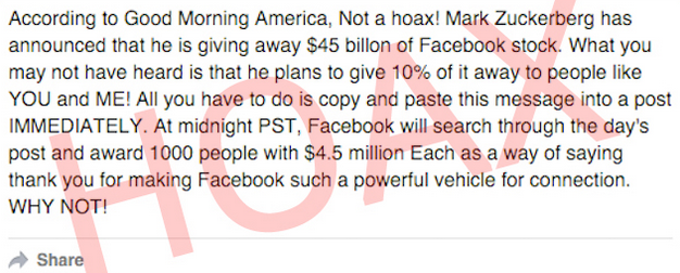 Mark Zuckerberg donne 45 milliards $ si vous copiez-collez un message?