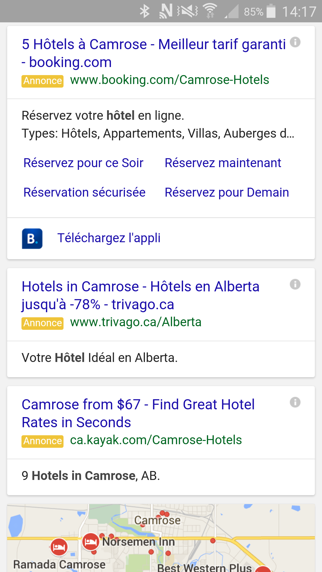 Résultats de recherche mobile pour "hôtels à Camrose".