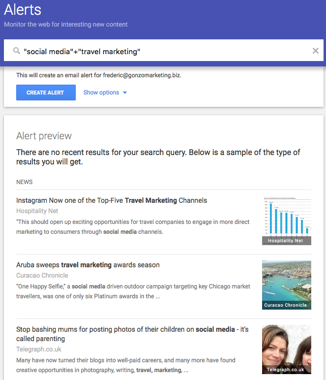Example of setting up a Google Alert with given keywords to monitor