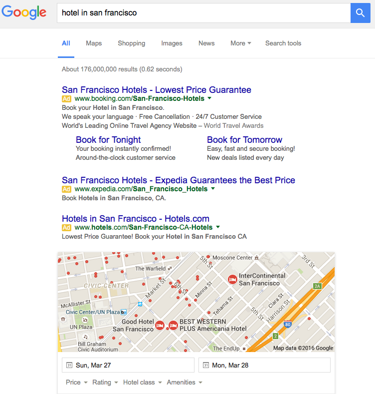 Google Search for a hotel in San Francisco