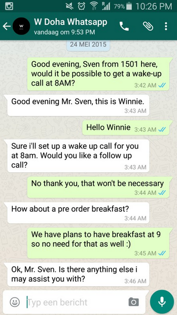 WhatsApp conversation between hotel guest and W Doha customer representative