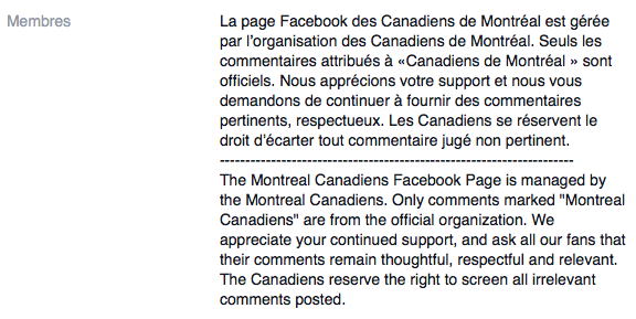 Politique de commentaires sur la page Facebook des Canadiens de Montréal