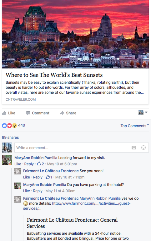 Fairmont Le Chateau Frontenac responds actively on FB