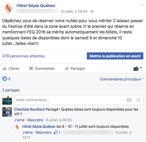 Exemple de réponse sur la page FB de l'Hôtel Sépia, à Québec
