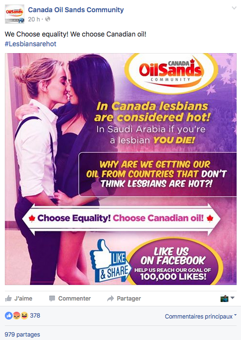 Publication controversée de Canada Oil Sands sur Facebook, le 24 juillet 2016