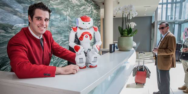 Robot Mario, working the reception desk in Gand, Belgium