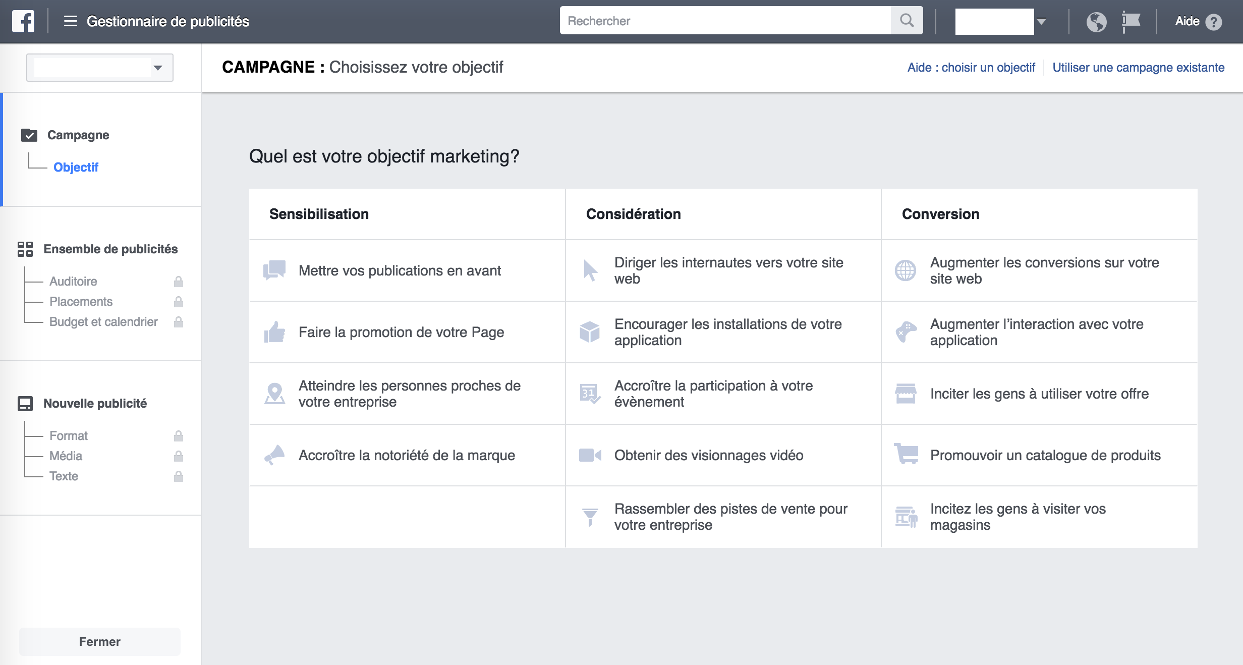Les types de campagnes publicitaires possibles sur Facebook, novembre 2016