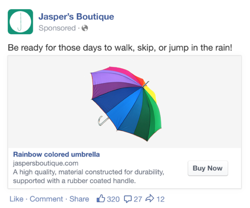 Exemple de publicité pour un catalogue de produits sur Facebook