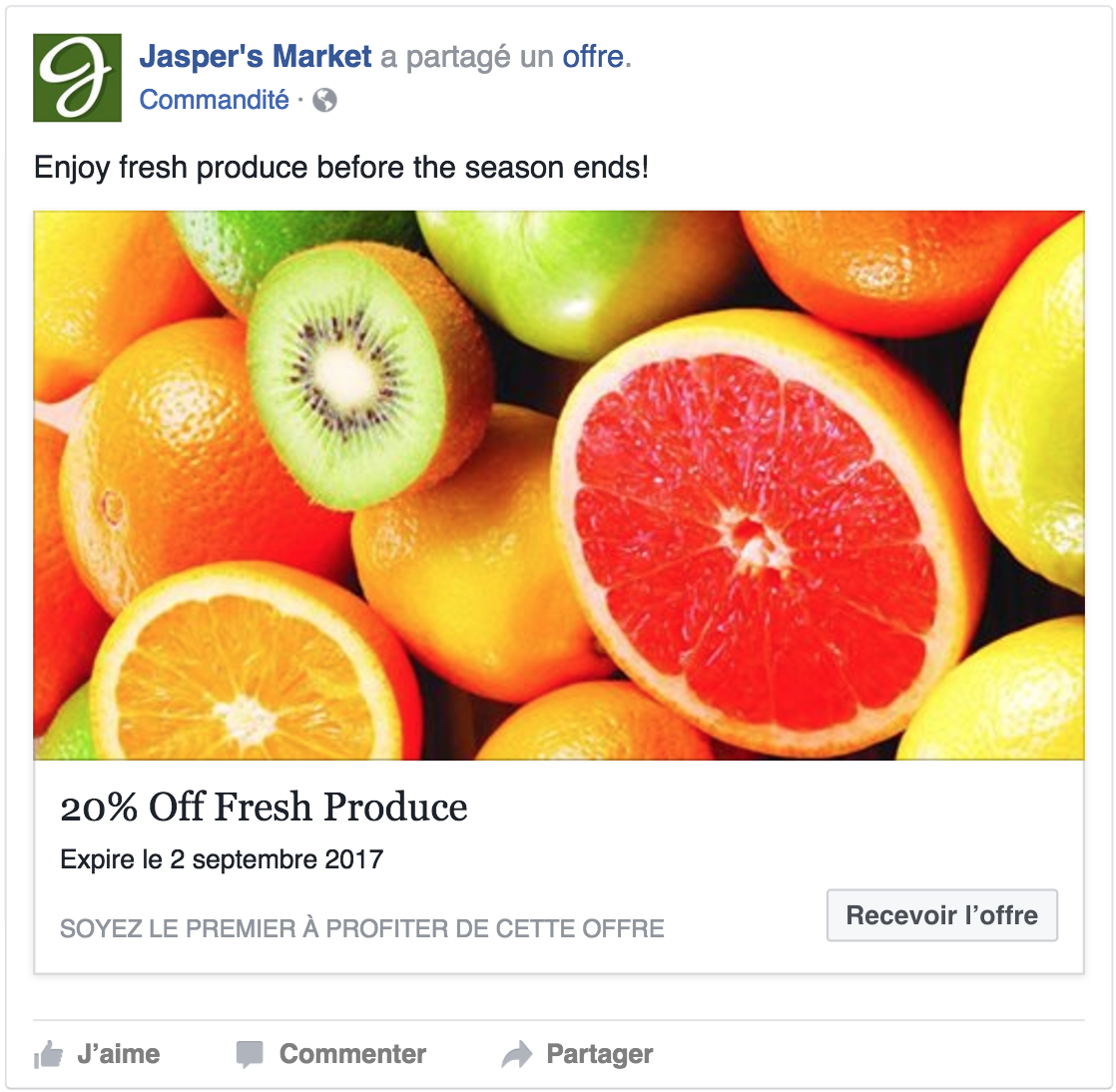 Exemple d'offre publicitaire sur Facebook
