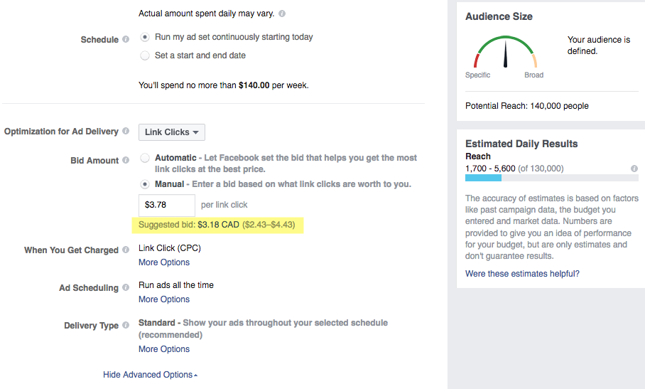 Manual bid example on Facebook