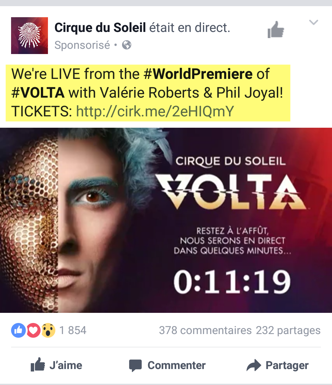 Cirque du Soleil Facebook LIve for Volta