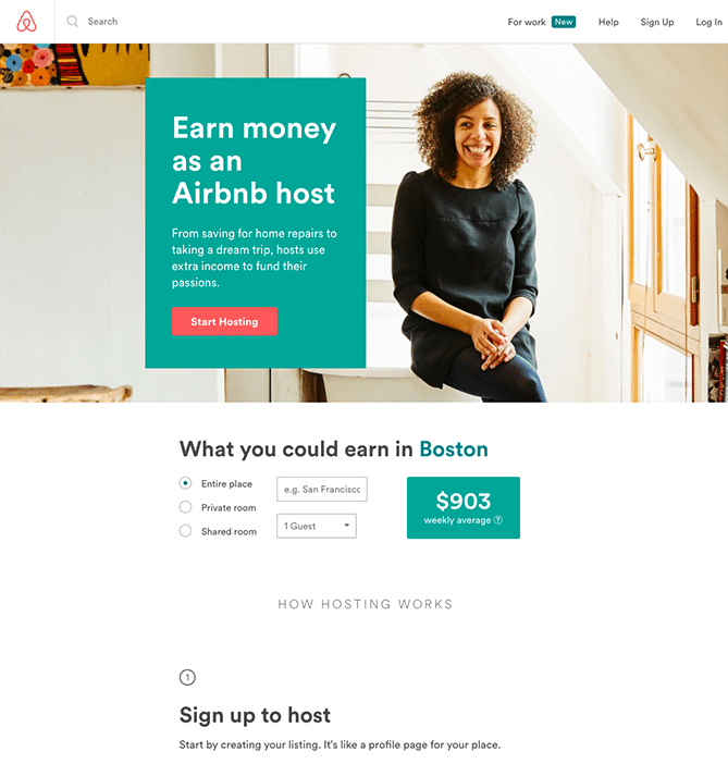 Landing page example, Airbnb