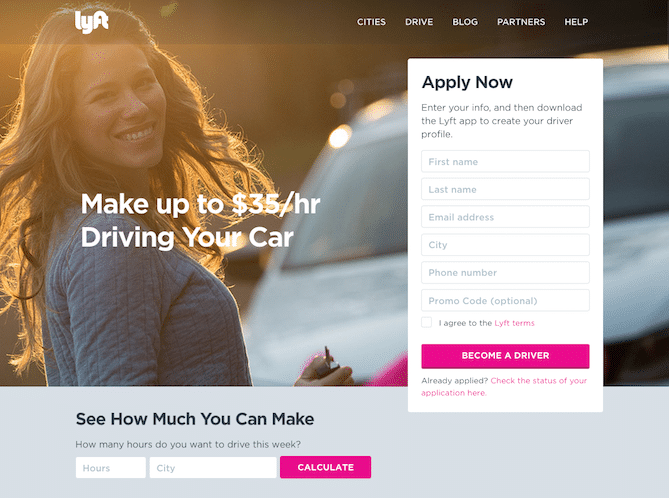 Landing page example, Lyft