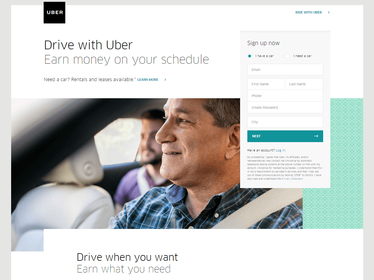 Landing page example, Uber