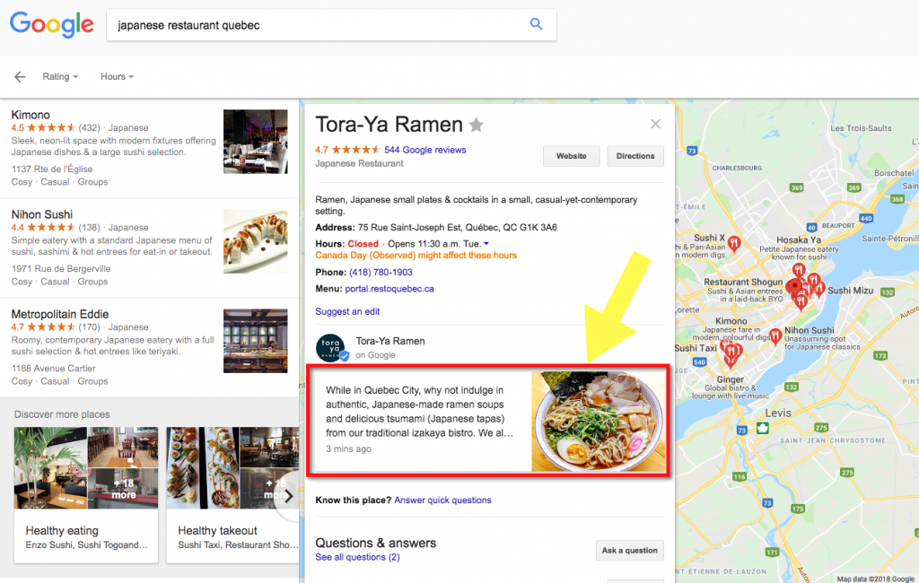 Example of post in Google My Business that appears in search, within Google's Knowledge Graph