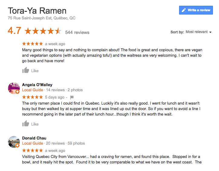 Examples of reviews left on Google for Tora-Ya Ramen, a Japanese restaurant in Quebec City