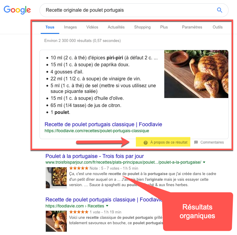 Exemple de Position Zéro lors d'une recherche Google