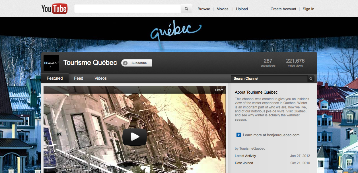 Canal Youtube de Tourisme Québec