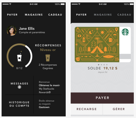L'application Starbucks Rewards, disponible sur Apple Store ou Google Play