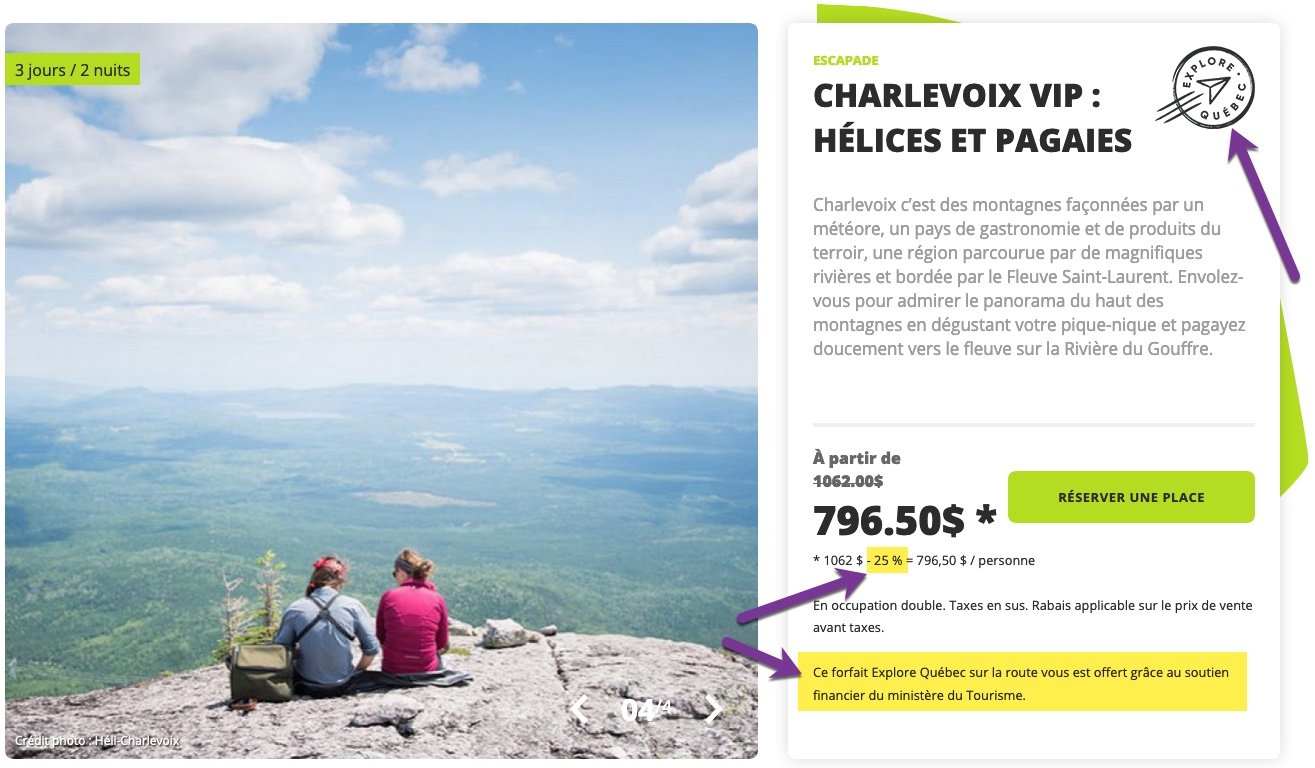 Exemple de forfait vendu dans le cadre de la campagne Explore Québec