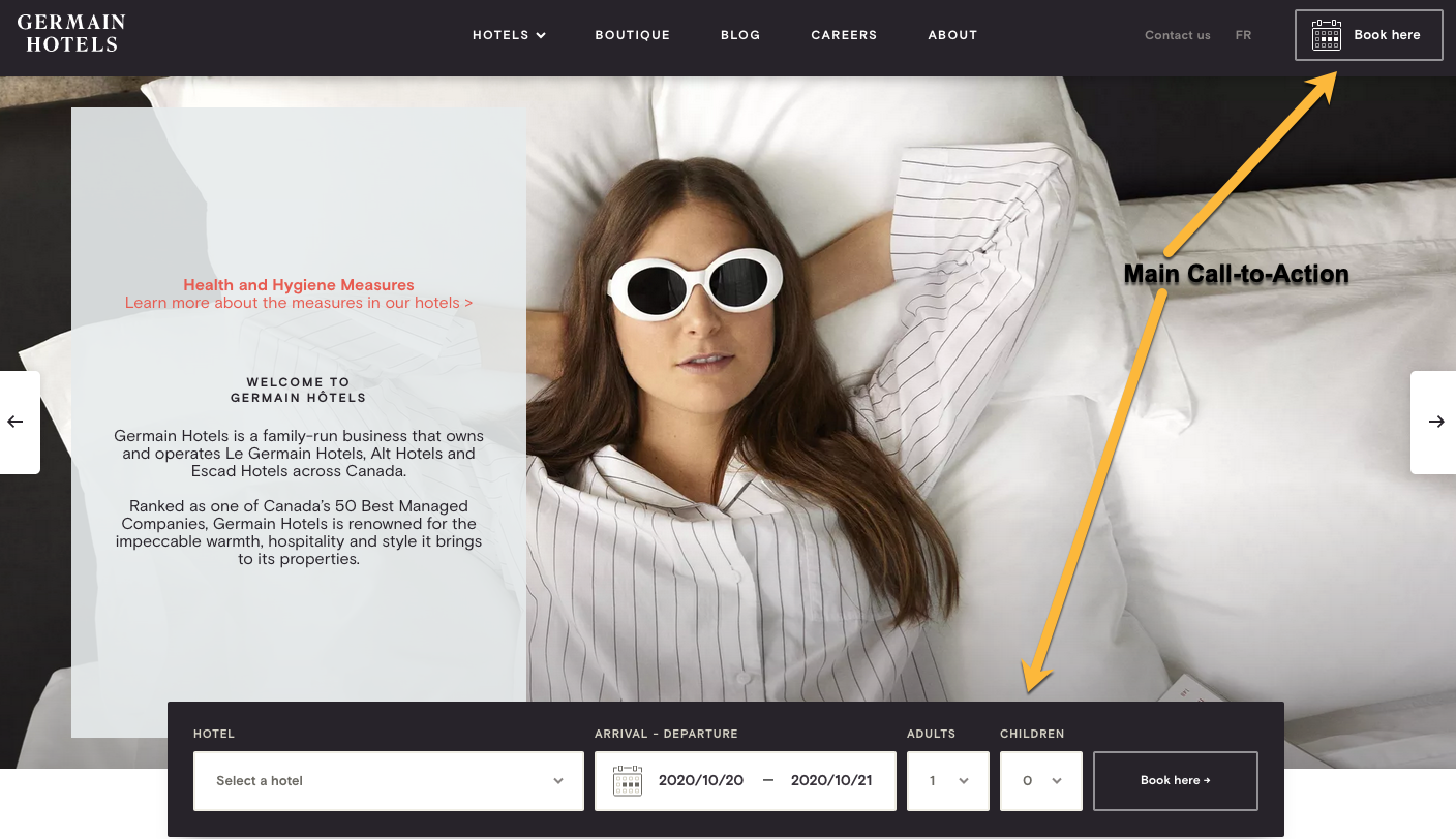 Germain Hotels have a clear call-to-action on their website