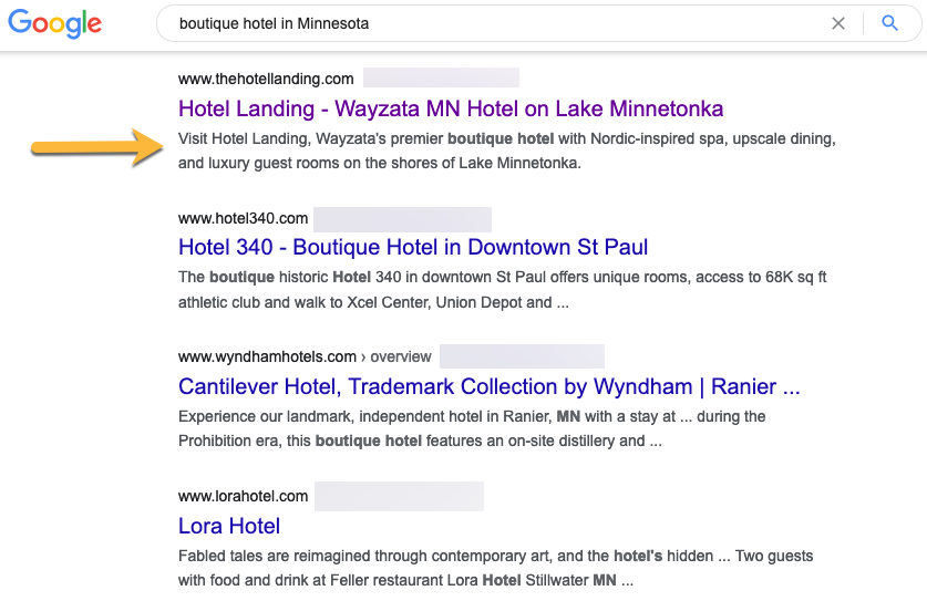 Google Search results for "boutique hotel in Minnesota"