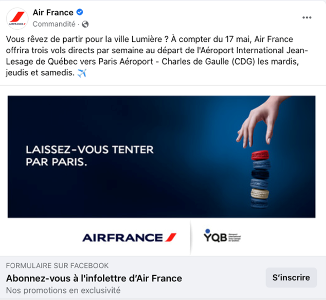 Publicité Facebook d'AirFrance-avec comme objectif la génération de prospects