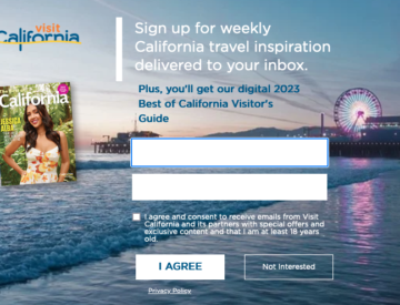 Newsletter subscription popup on Visit California website