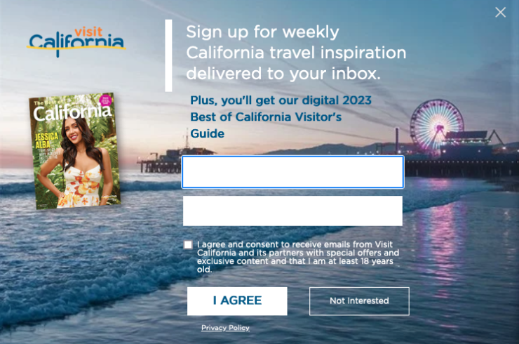 Newsletter subscription popup on Visit California website