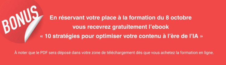 Bonus. À l'achat de la formation, recevez le ebook 10 stratégies pour optimiser votre contenu à l’ère de l’IA