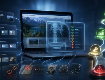 Futuristic laptop with holographic dashboards showing a spine X-ray and checklist icons along a neon path or flow.