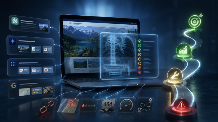 Futuristic laptop with holographic dashboards showing a spine X-ray and checklist icons along a neon path or flow.