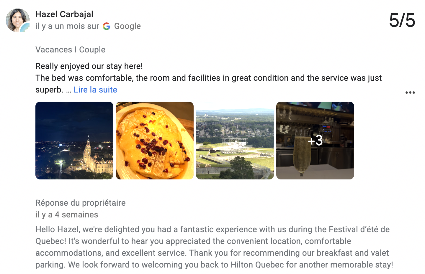 Capture décran le 2026-08-12 à 170358 - Frederic Gonzalo Review card by Hazel Carbal on Google with four photo thumbnails: night city view, a pastry/dish, a panoramic town overlook, and a champagne glass (with +3 indicating more photos); rating 5/5.