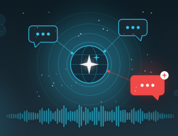Illustration abstraite d'une orbe IA centrale entourée d'anneaux lumineux, avec trois bulles de dialogue représentant des réponses possibles. Une seule bulle, en rouge avec une étincelle blanche, symbolise l'organisation que l'IA choisit de citer ou de recommander aux utilisateurs.
